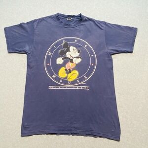 Vintage 90s Disney World Mickey Mouse Spellout Blue T-Shirt Size M Faded Trashed